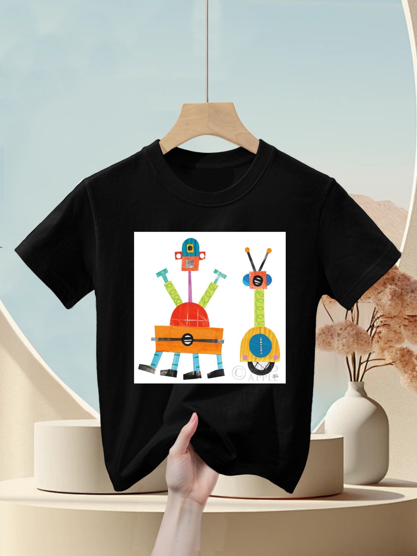 Black Kids' T-shirt with Robot Art, Personalized Tee, Cotton. From MyArtsyGift