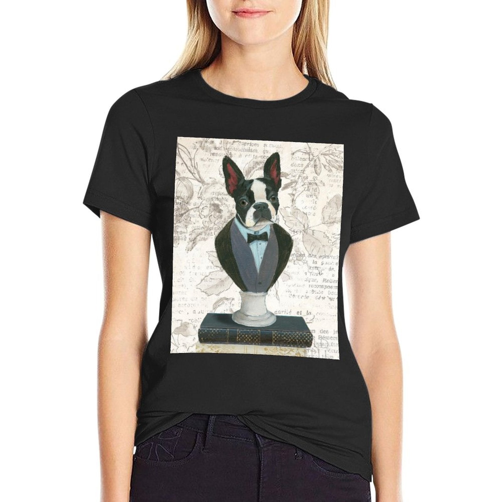 MyArtsyGift black cotton tee, Boston Terrier bust in formal wear, newsprint design for summer, made in USA