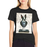 MyArtsyGift black cotton tee, Boston Terrier bust in formal wear, newsprint design for summer, made in USA