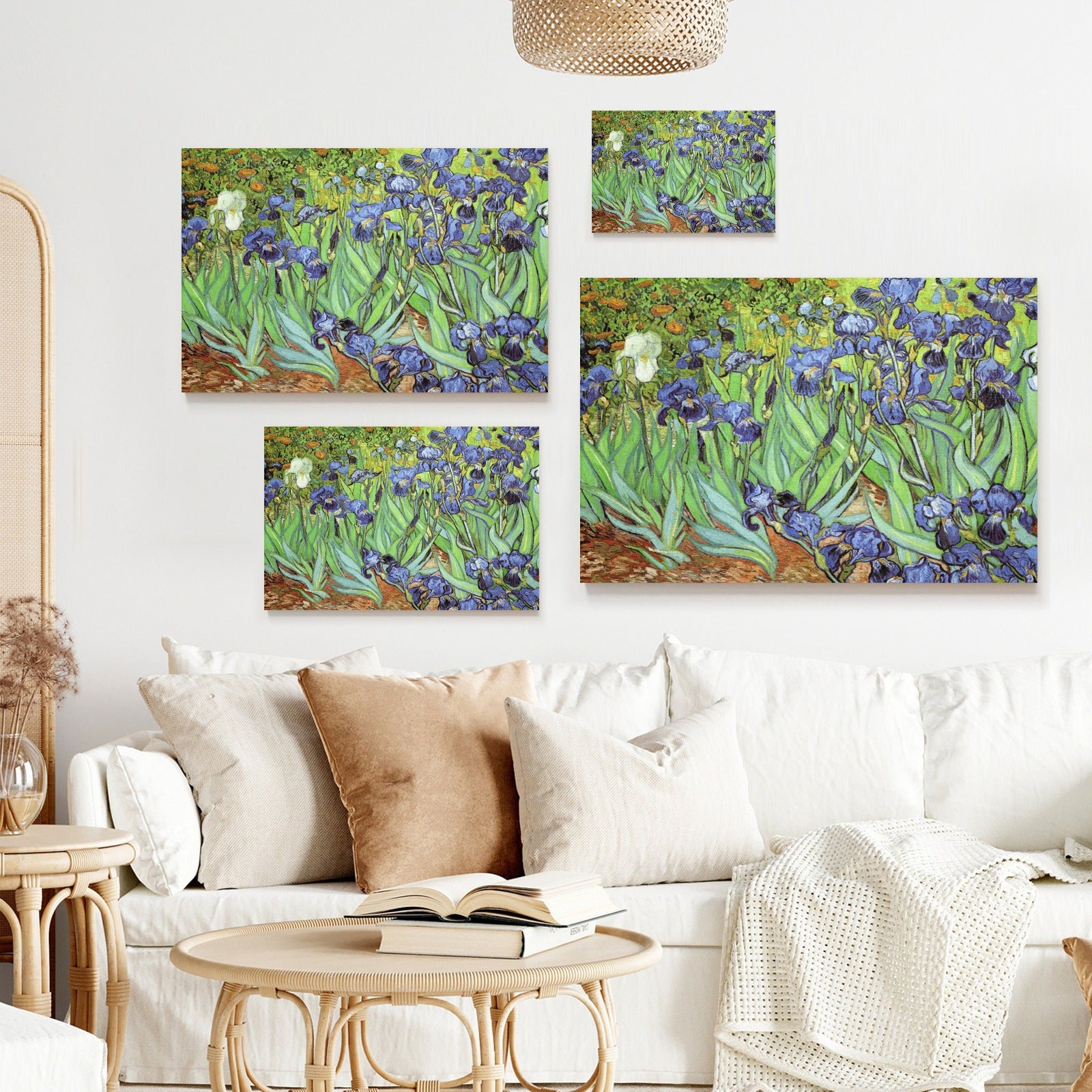 Van Gogh Irises canvas prints displayed on a white wall, home decor, MyArtsyGift