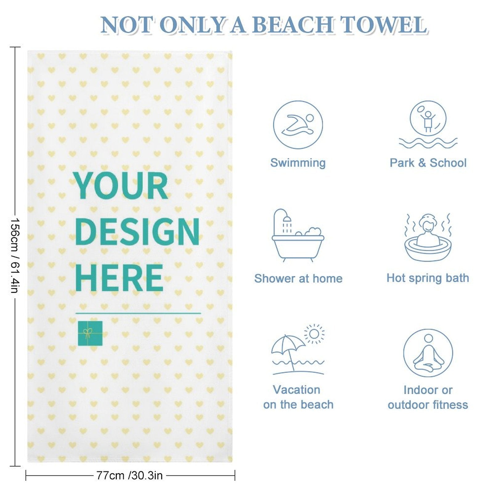 Personalized microfiber beach towel with custom design area; great for gifts and various uses, featuring product dimensions