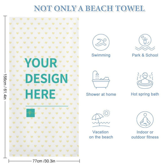 Personalized microfiber beach towel with custom design area; great for gifts and various uses, featuring product dimensions