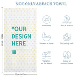 Personalized microfiber beach towel with custom design area; great for gifts and various uses, featuring product dimensions