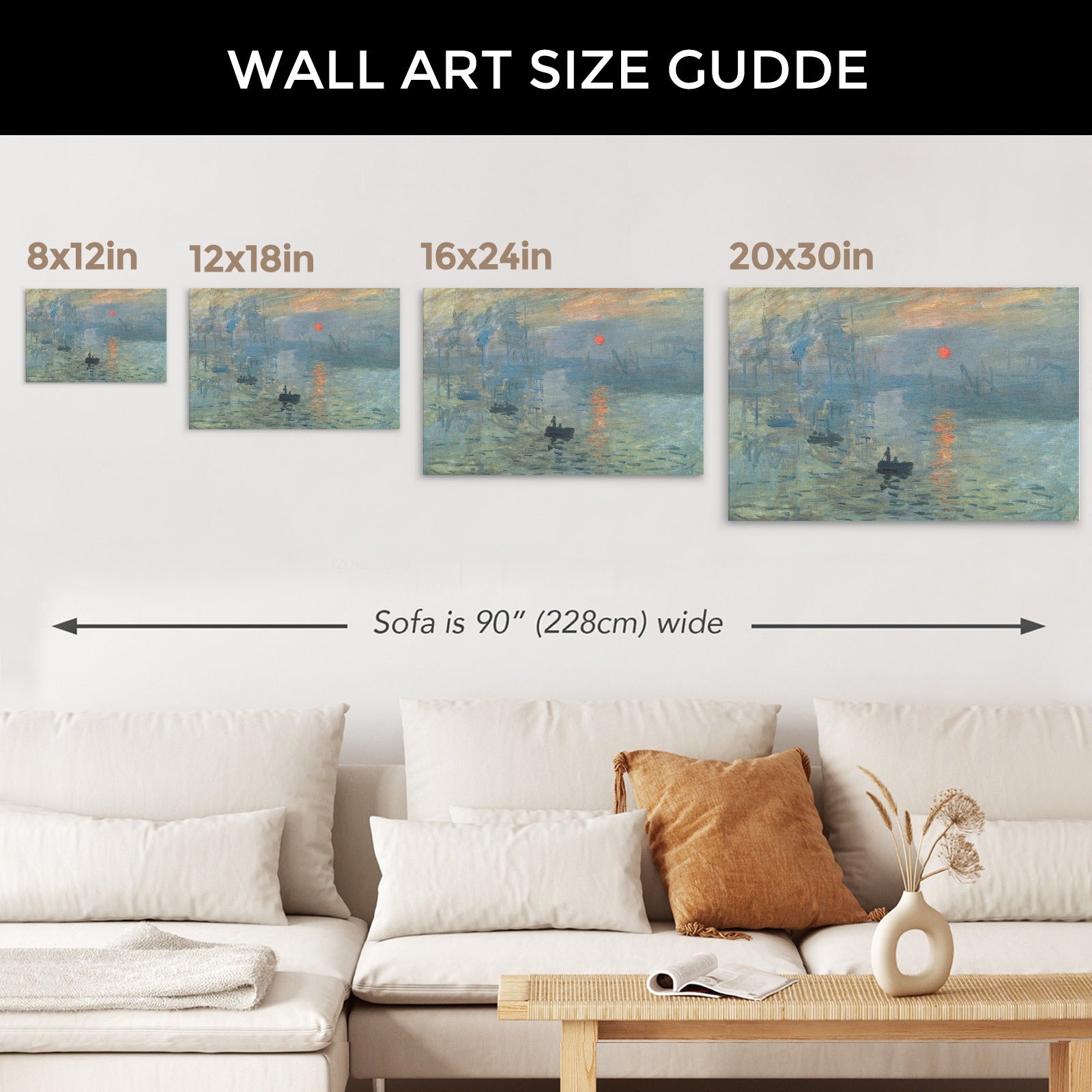 Monet 'Sunrise Beach' canvas print size guide: 8x12in to 20x30in. Wall art sizes displayed above a sofa for scale.