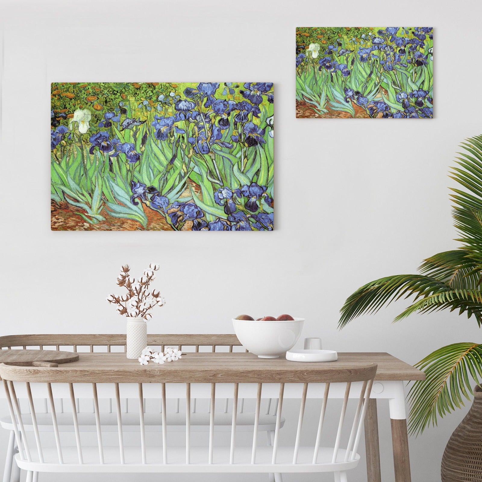80x60cm Canvas print of Van Gogh's Irises in a modern setting, perfect home decor.