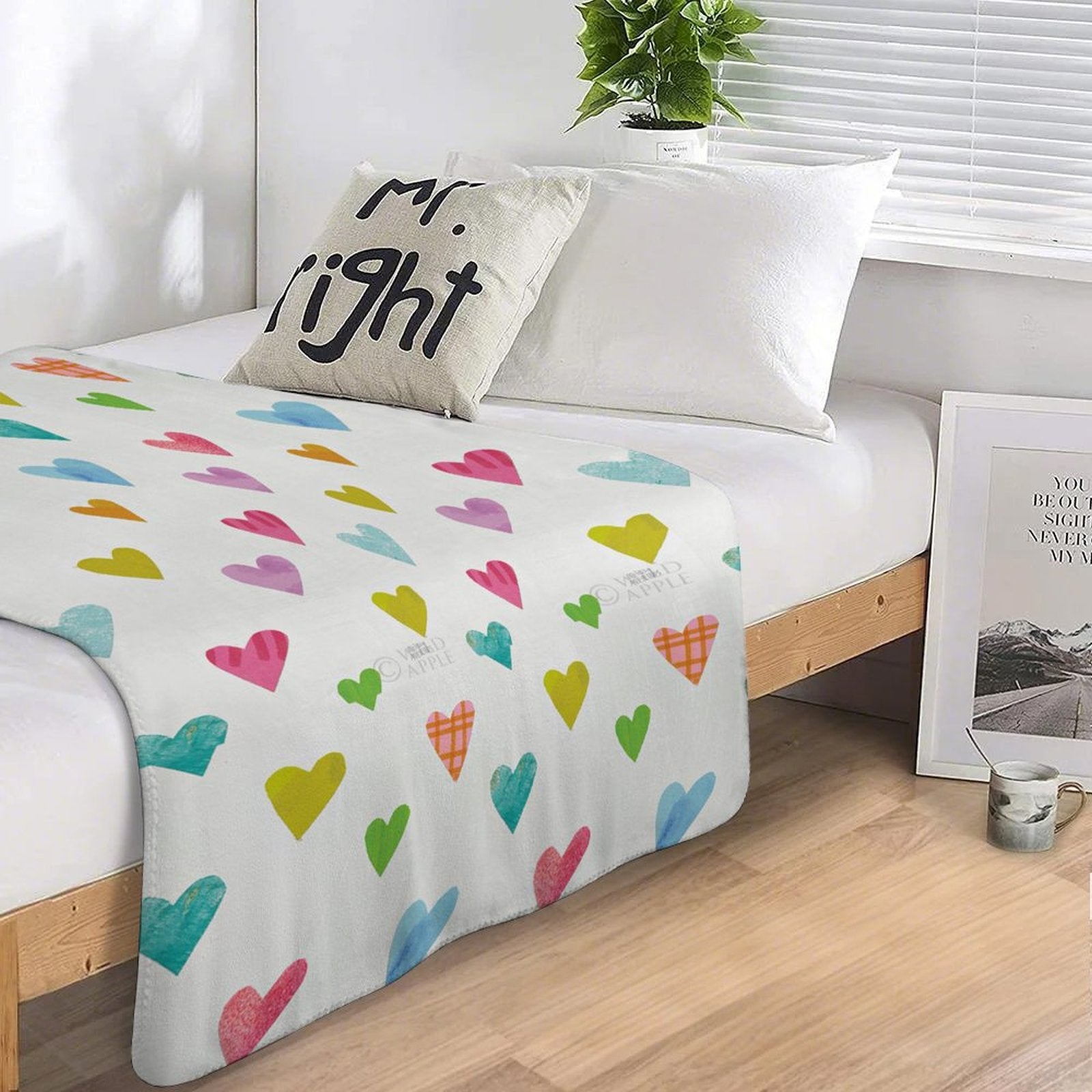 Lamb wool fleece blanket with colorful heart pattern, perfect for couch or bed, featuring Mr. Right pillow
