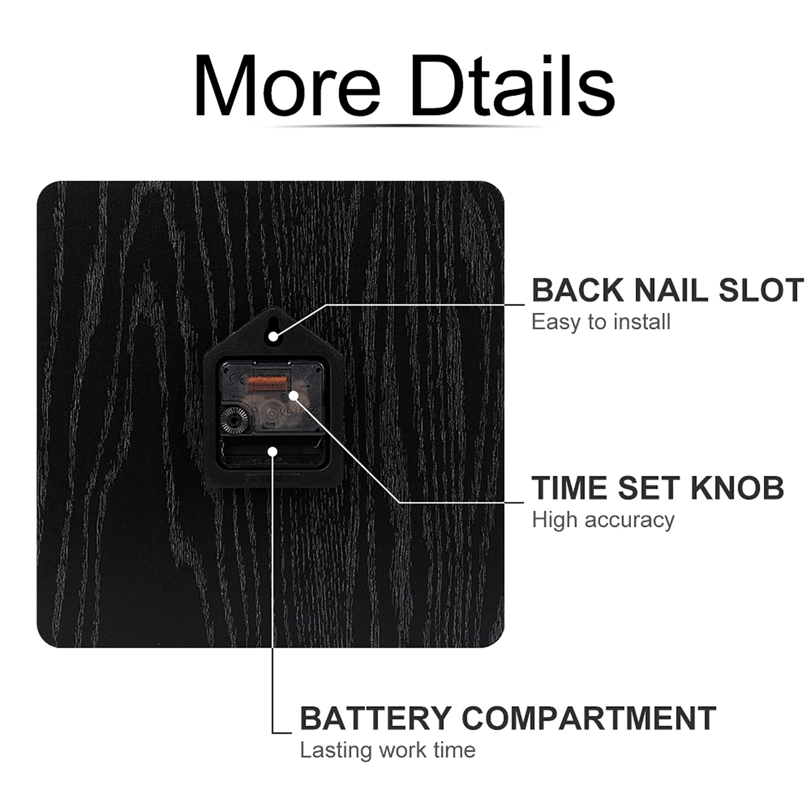 Square wooden wall clock back details: Easy install back nail slot, time set knob, and lasting battery.