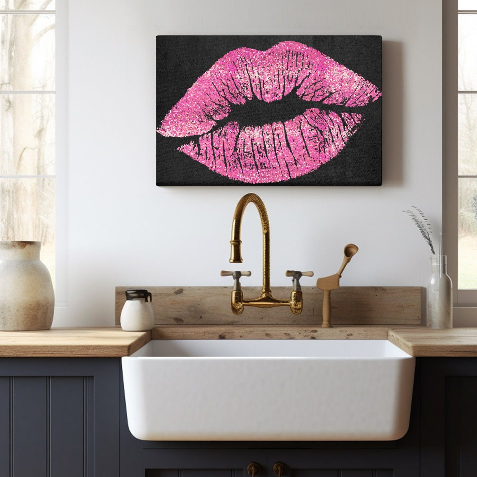 Pink kiss canvas print on black background, USA made wall decor, perfect for gifting. Features glitter lips.