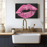 Pink kiss canvas print on black background, USA made wall decor, perfect for gifting. Features glitter lips.