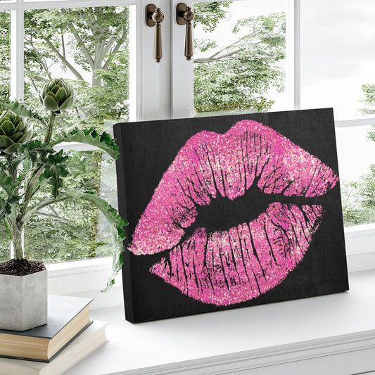 Pink kiss canvas art print, made in USA. Glitter lips on black background, perfect gift.