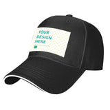 Custom black baseball cap with personalized design area. Polyester material baseball hat, perfect gifts.