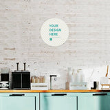 Personalized aluminum plaque with 'YOUR DESIGN HERE' on a white brick wall, perfect for cafe decor and custom gifts