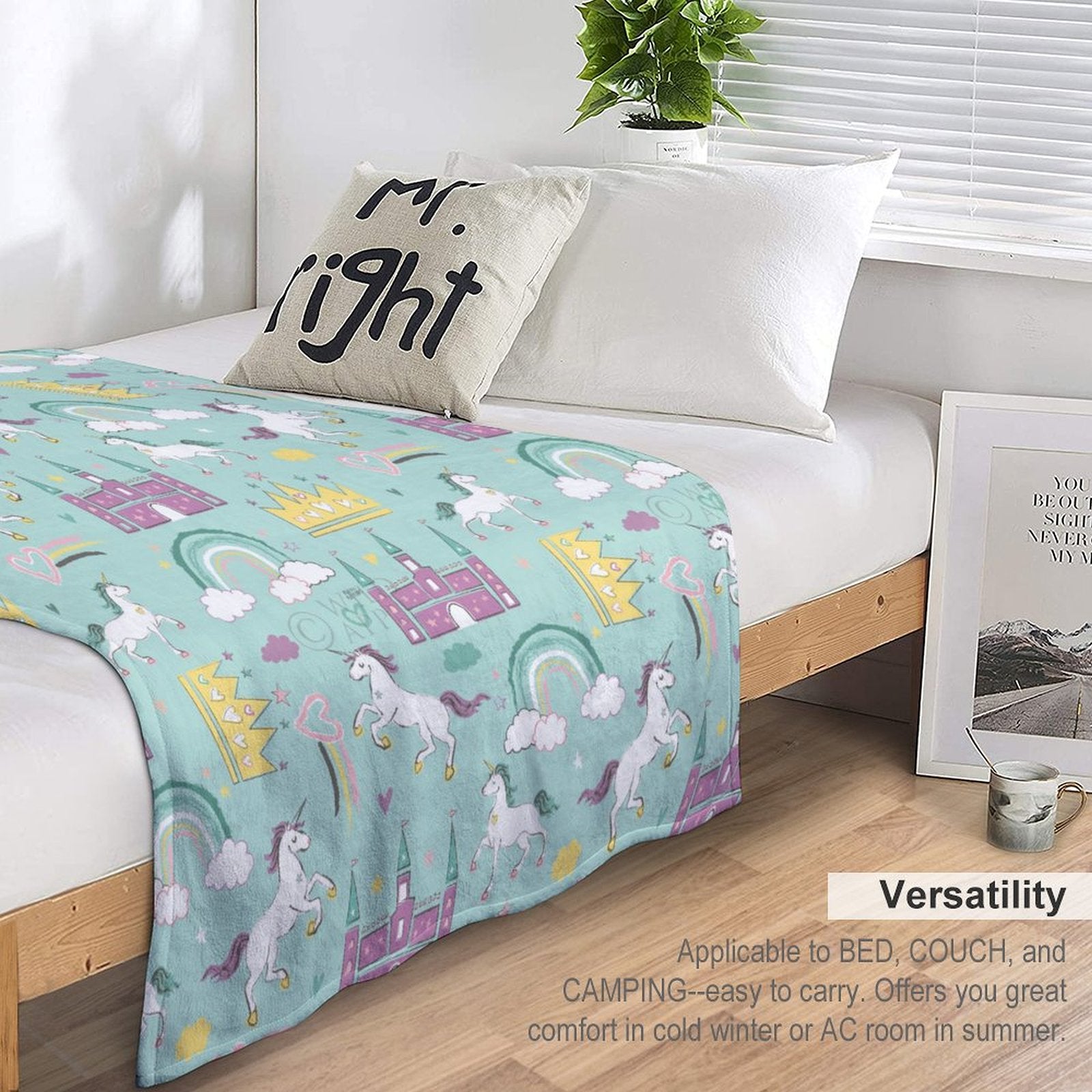 Rainbow Dream Fleece Blanket with Unicorns, Castles, and Rainbows. Soft, cozy and warm, suitable for bed, sofa, and camping.