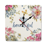 Square wooden wall clock with floral design, "stay beautiful", home decor, kitchen clock, personalized gift