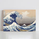 The Great Wave off Kanagawa Canvas Print, featuring blue waves, Mount Fuji, and Japanese art.