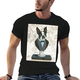 Black cotton t-shirt with Boston Terrier bust in formal attire, Newsprint design for MyArtsyGift, made in USA