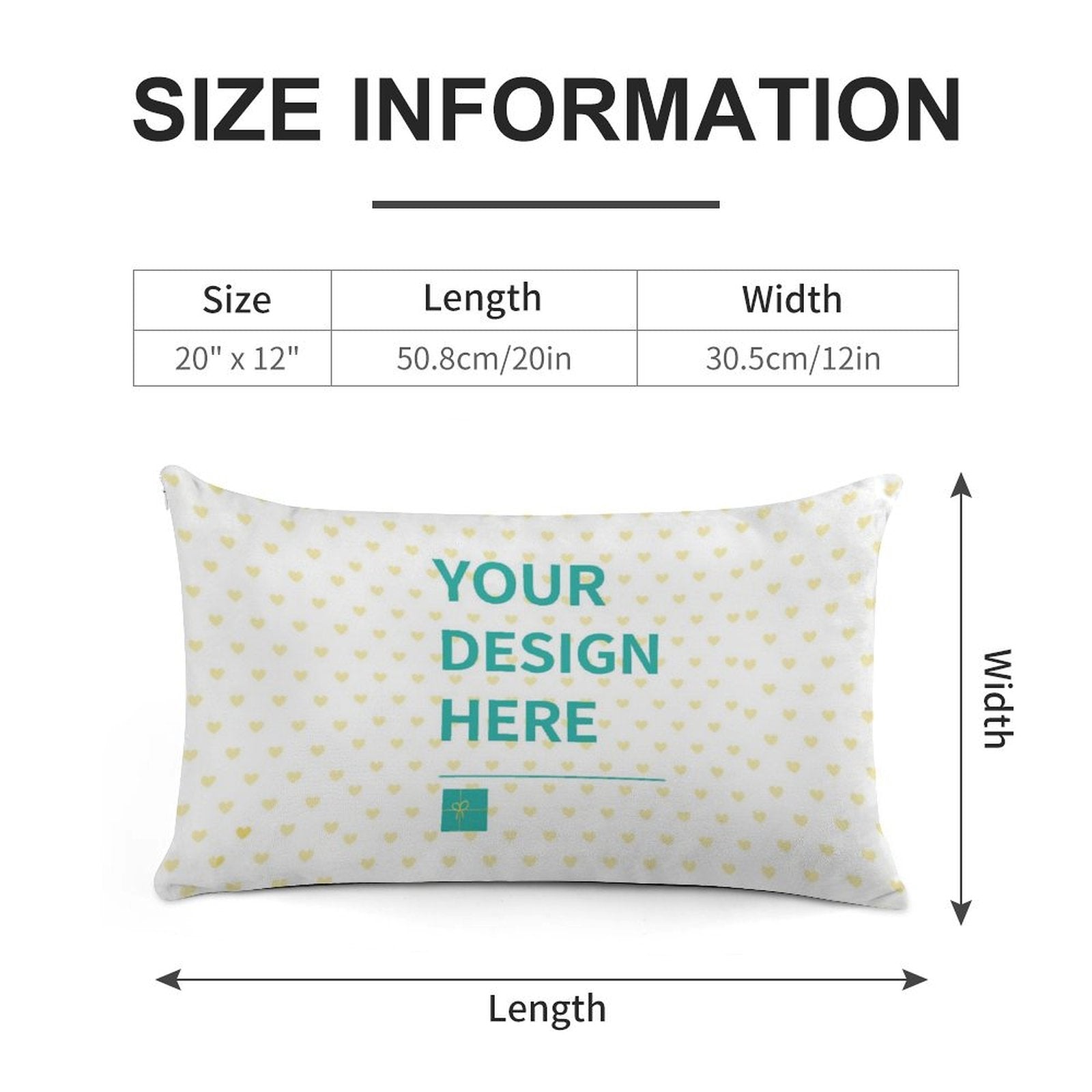 Personalized throw pillow case, white with heart pattern, ready for custom design, 20x12 size