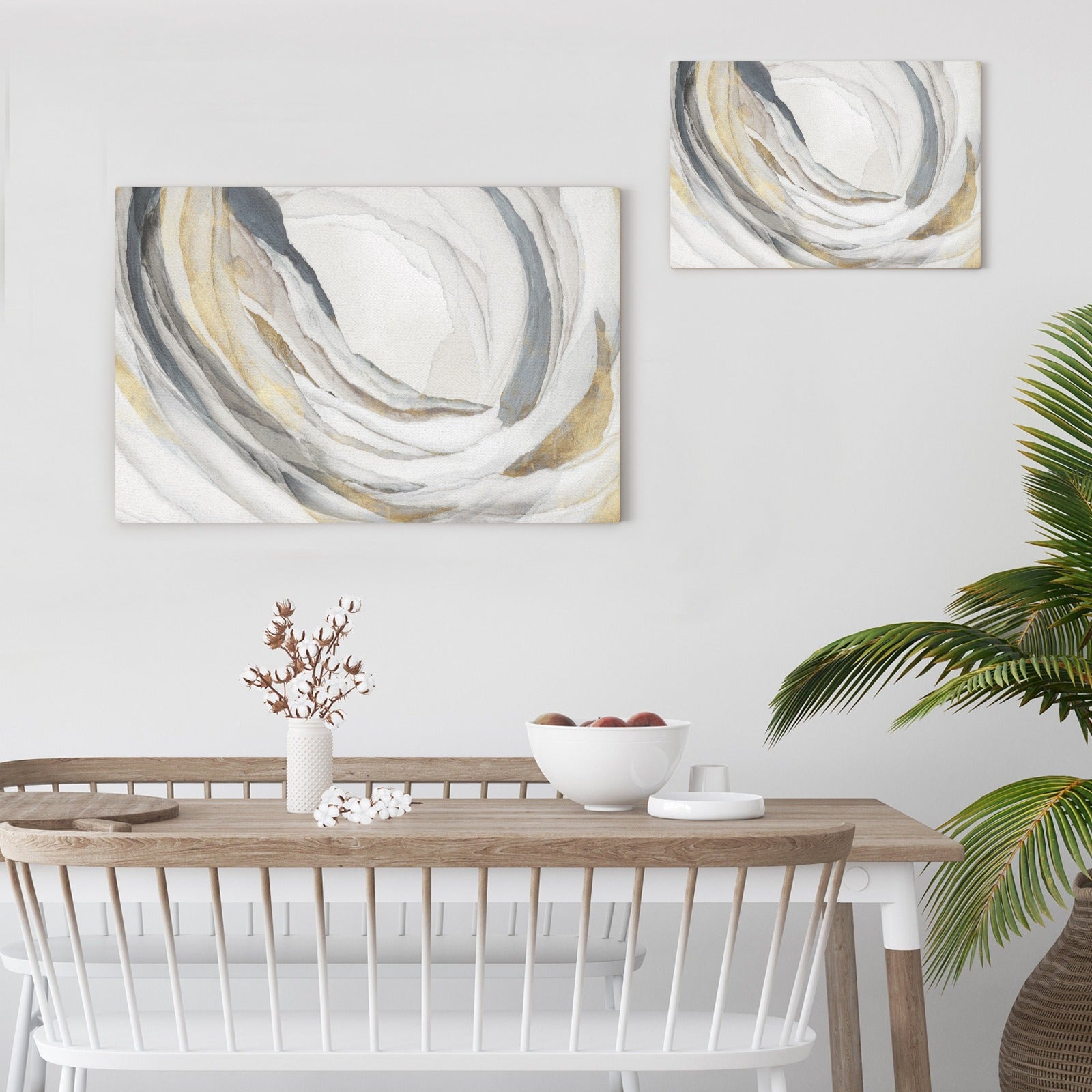 PI706-A Canvas Print displayed in a modern interior with abstract art, incorporating neutral tones and Made in USA.