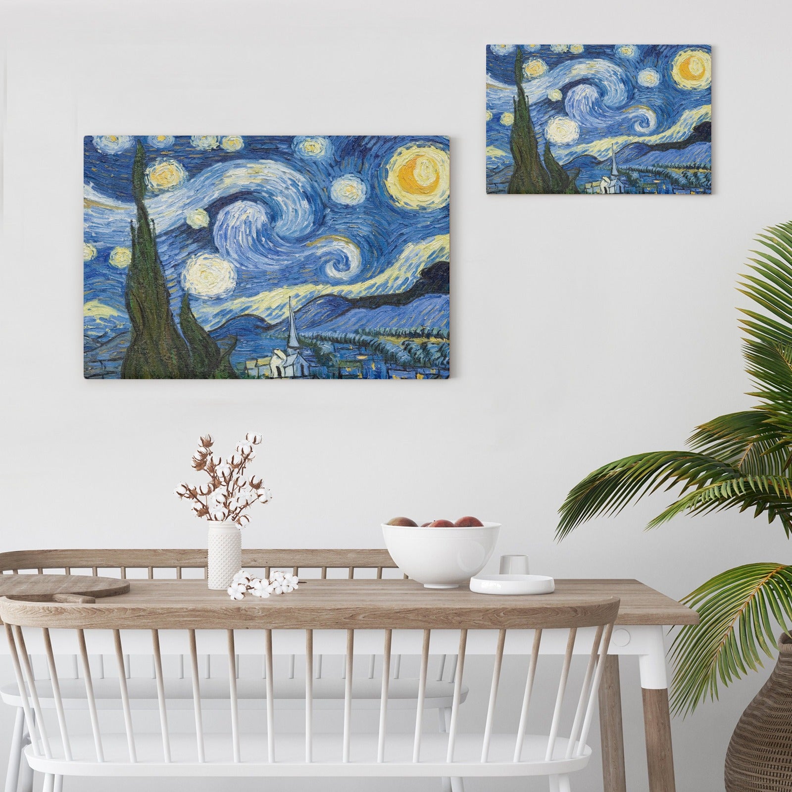 Van Gogh's Starry Night canvas prints on a white wall, blue and yellow starry sky art wall decor, wood frame made in USA.