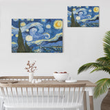 Van Gogh's Starry Night canvas prints on a white wall, blue and yellow starry sky art wall decor, wood frame made in USA.