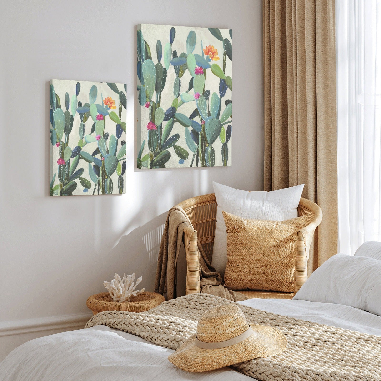 Cactus canvas art prints, minimalist wall decor for bedroom. Features cactus plants, wooden frame and canvas material.