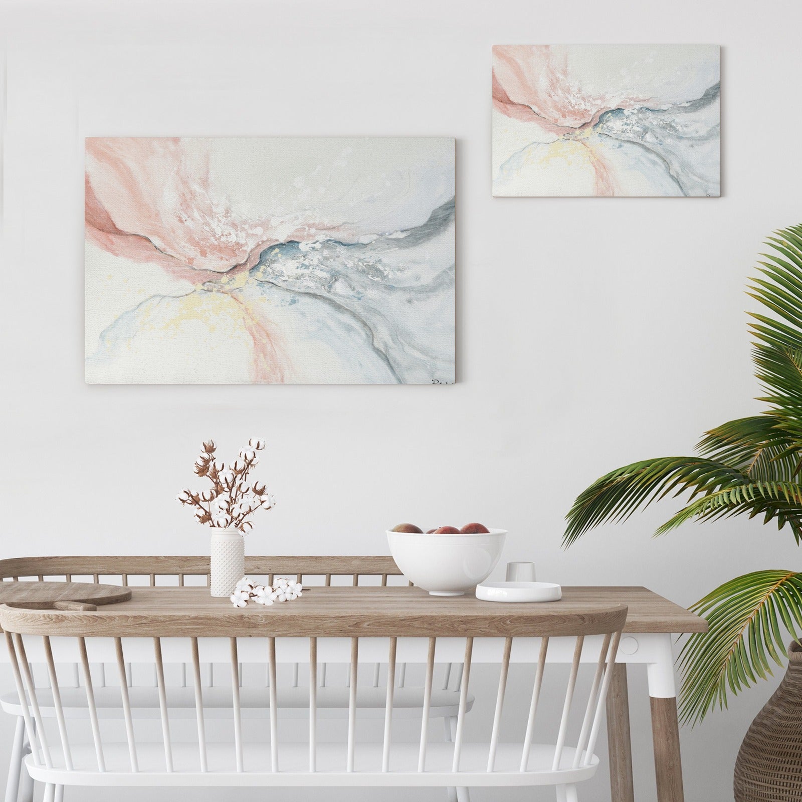 Pink Abstract Canvas Wall Art Set in a Dining Room, Blush Pink and Gray Artwork for Living Room