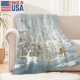 Blue Winter Forest Deer Flannel Blanket for Sofa Couch Bed Made In USA