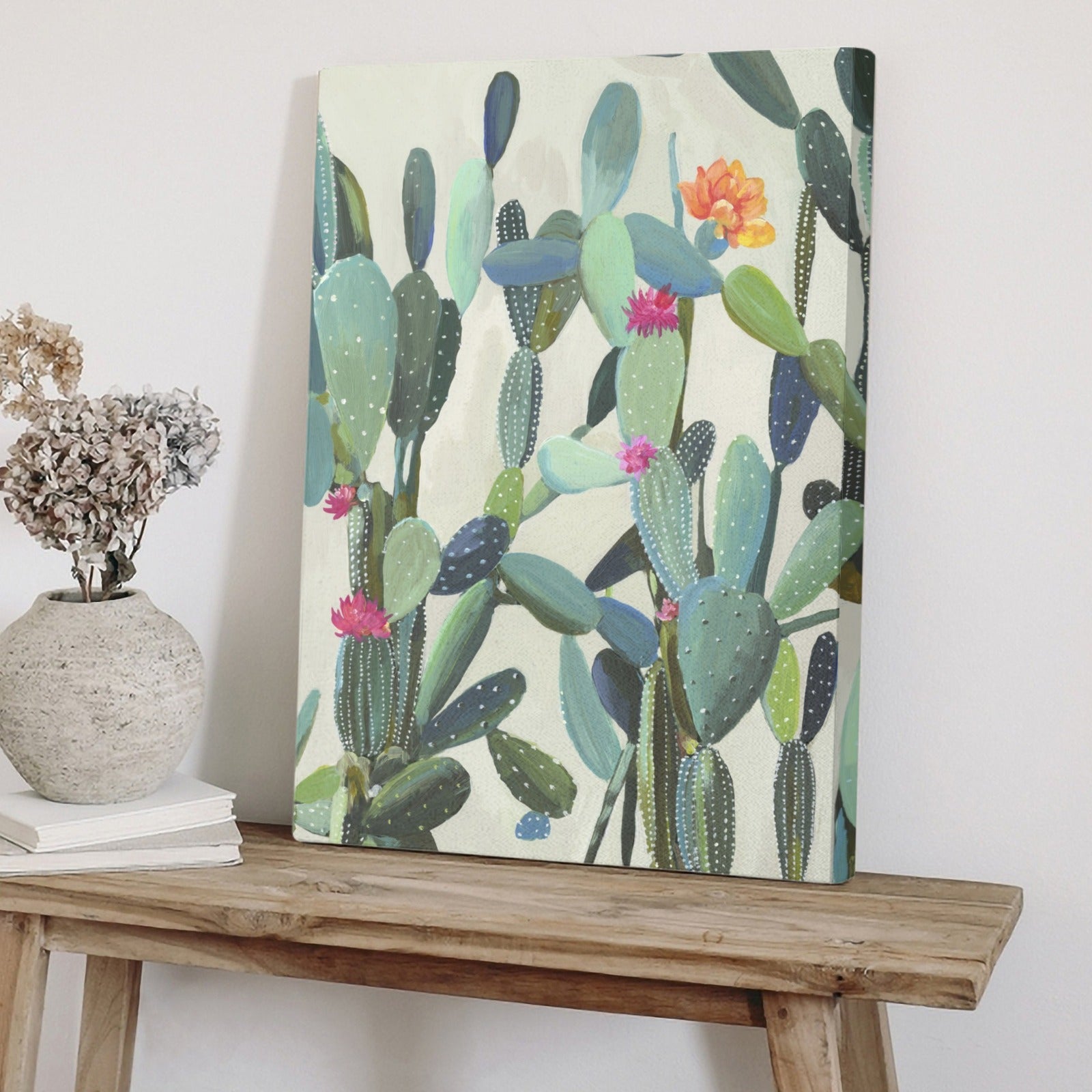 Cactus canvas art print, watercolor succulents, minimalist wall decor. Ideal for home or office.