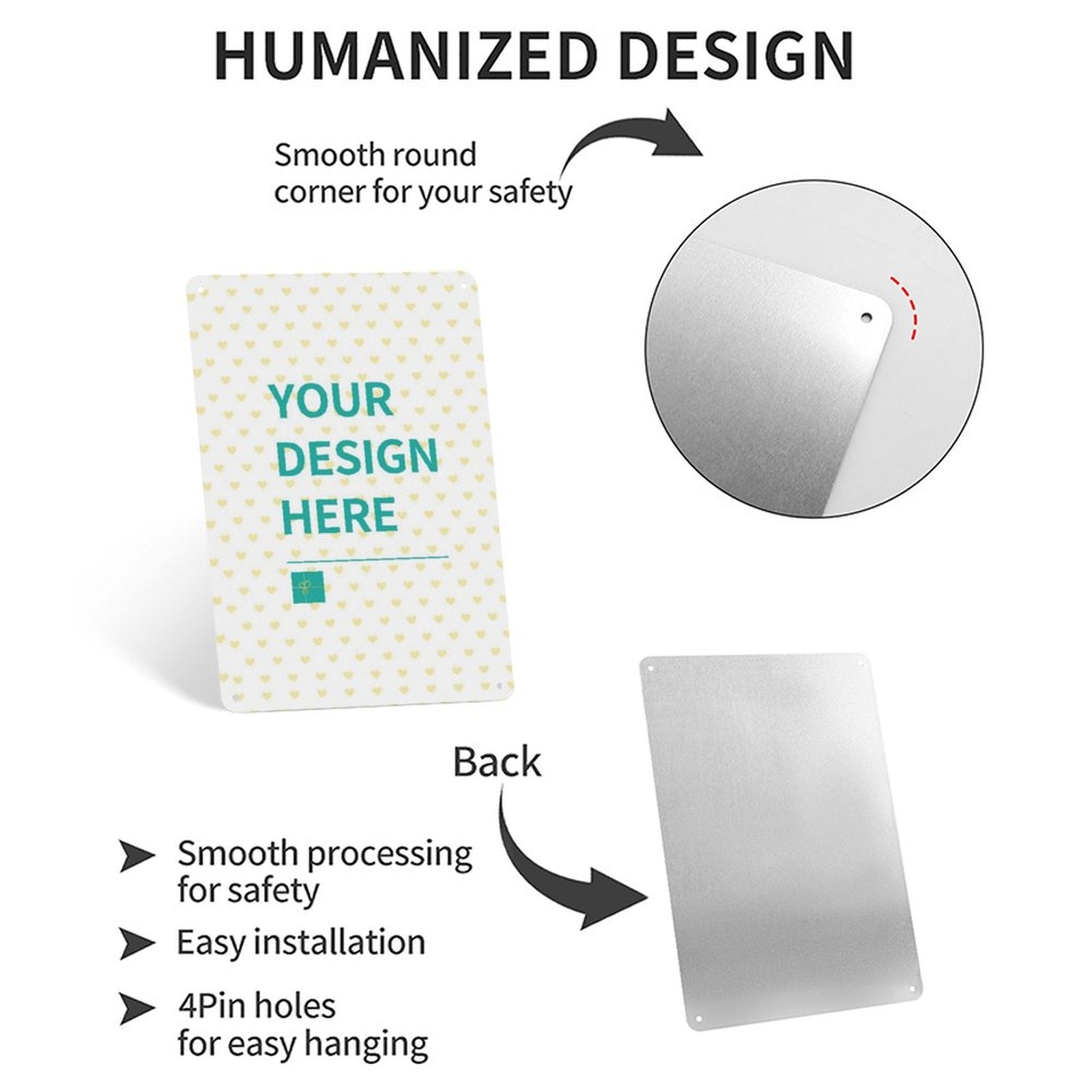 Customizable aluminum plaque with 'YOUR DESIGN HERE' for gifts, features smooth corners and easy installation - MyArtsyGift.