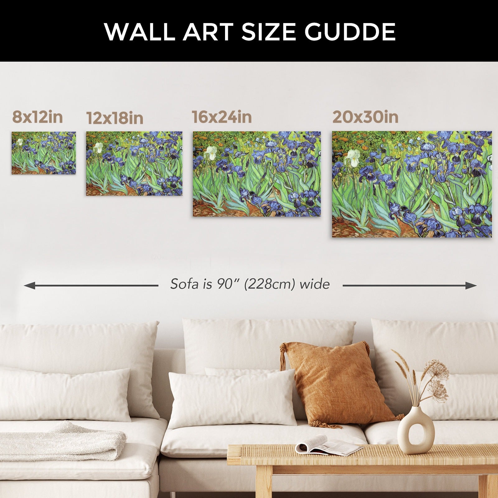 Van Gogh Irises canvas print size guide, featuring prints in 8x12, 12x18, 16x24, and 20x30 inch sizes for home decor.