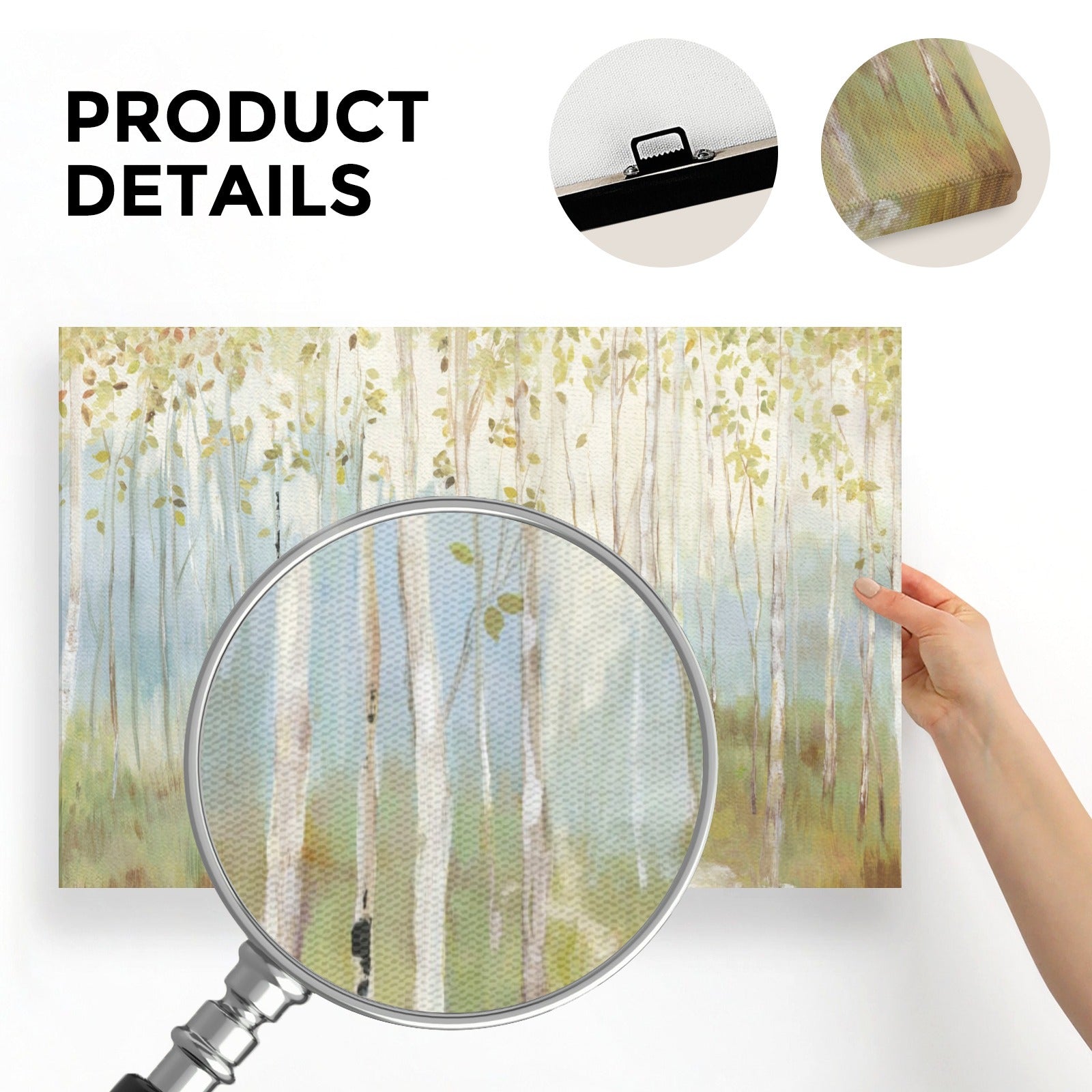 Birch tree forest canvas art print product details, made in USA, perfect home decor.