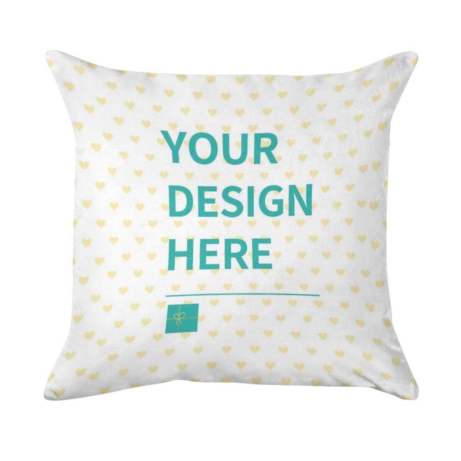 Custom golden velvet pillowcase with 'Your Design Here', featuring heart pattern, ideal for living room decor.